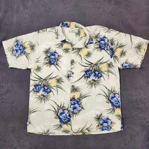 Tommy Bahama Hawaiian Shirt Men Medium Beige Silk Floral Pineapple Casual Resort